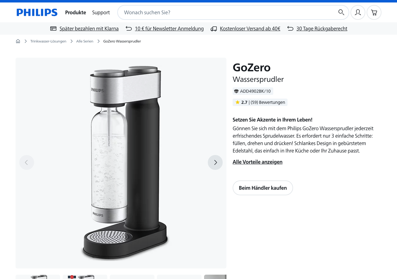 Produktseite des Philips GoZero Wassersprudlers mit Preis und Edelstahlgehäuse.
