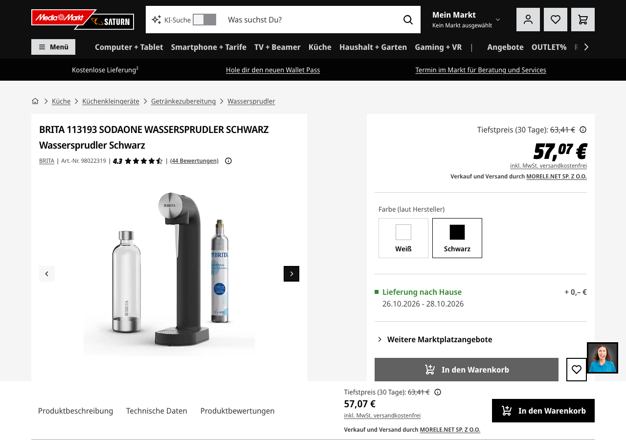 Produktseite des Brita sodaONE Wassersprudlers mit Preis bei einem Händler.