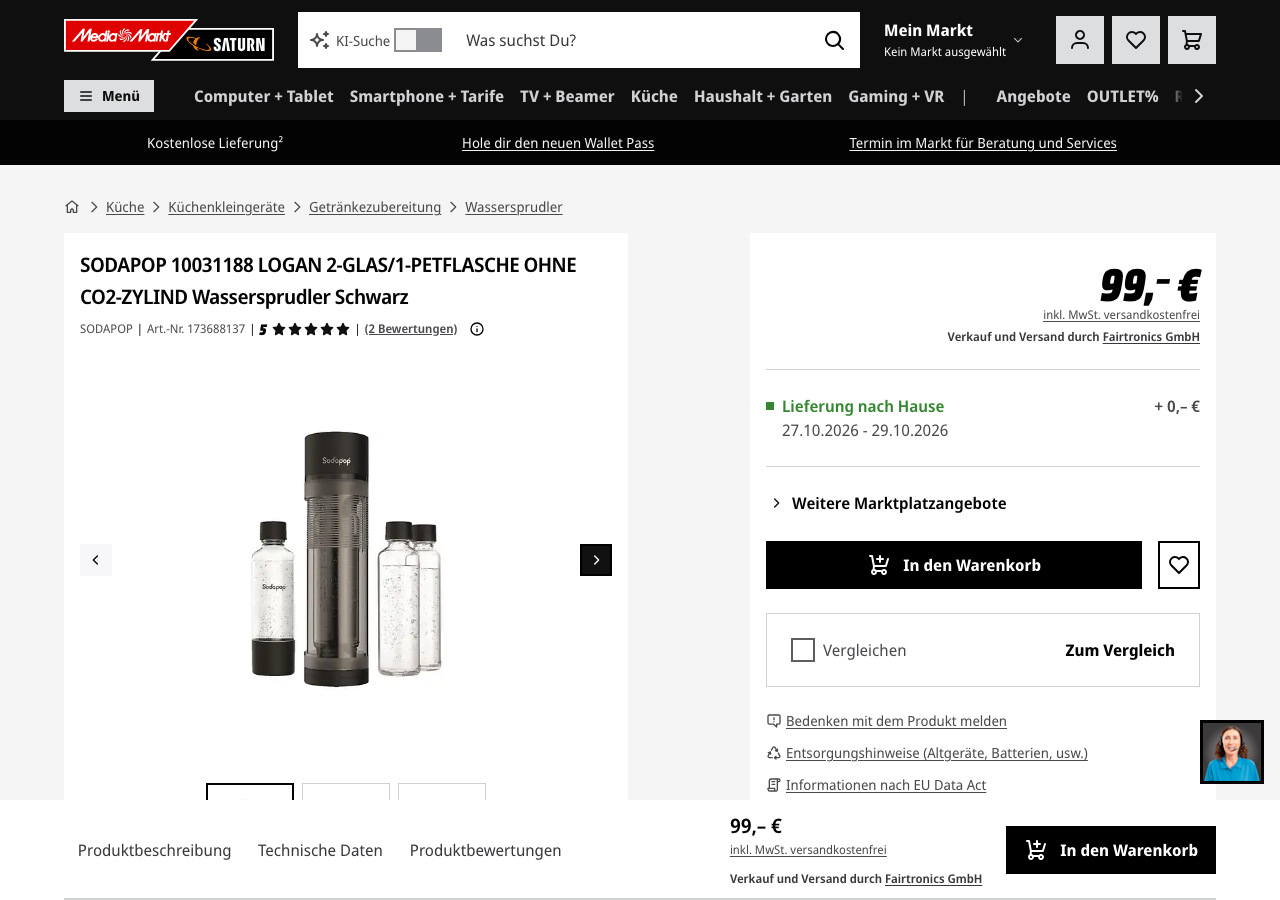 Produktseite des Sodapop Logan Wassersprudlers mit Glasflaschen und Preis.