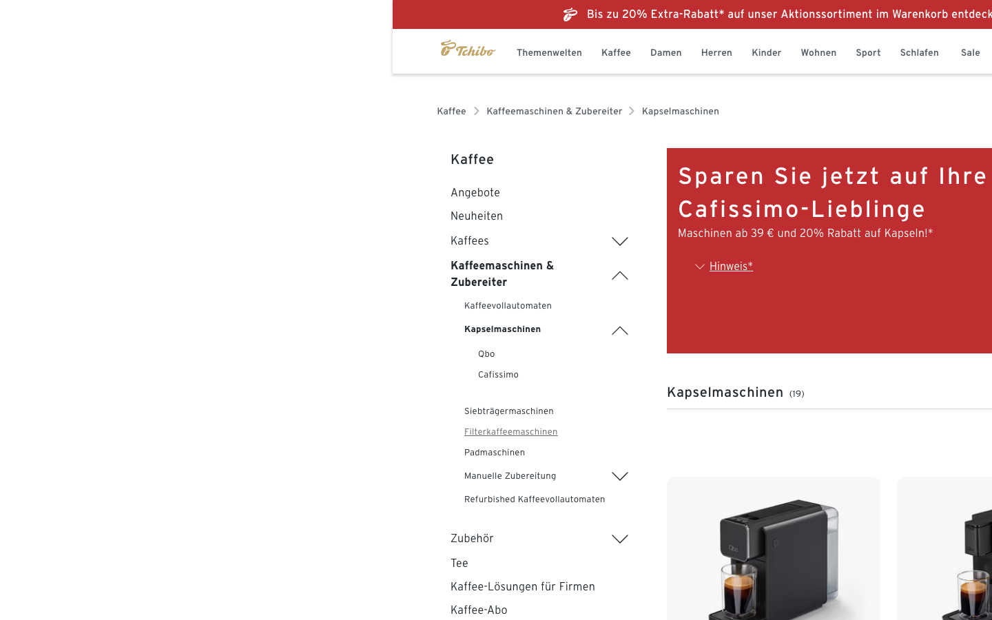 Tchibo-Kategorieseite für Cafissimo-Kapselmaschinen mit aktuellem Angebot.