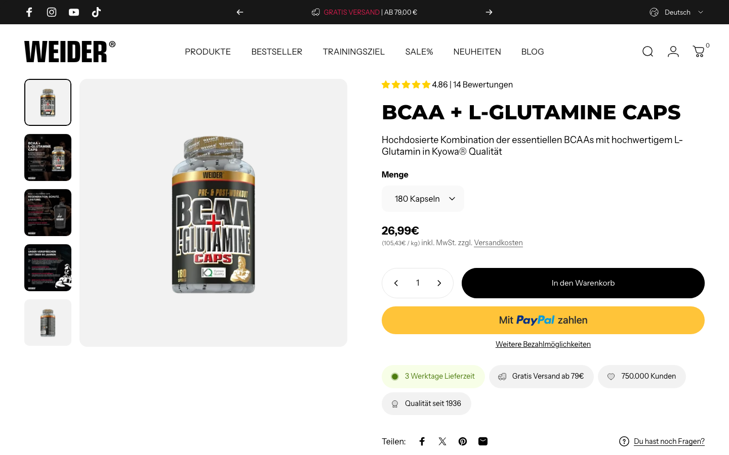 Produktseite von Weider BCAA + L-Glutamine Caps, Screenshot vom 25. Oktober 2026